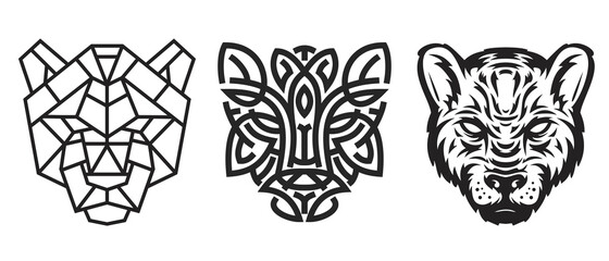 Collection silhouettes of panther head in monochrome different styles isolated on white background. Modern graphic design element for label, print or poster. Vector art illustration. © cgterminal
