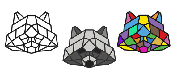 Collection silhouettes of raccoon head from lines in geometric polygonal style isolated on white background. Modern graphic design element for label, print or poster. Vector art illustration. © cgterminal