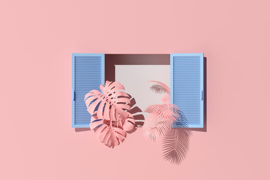 Minimal Scene Of Blue Window And Plants On Pink Wall Background. 3d Rendering.