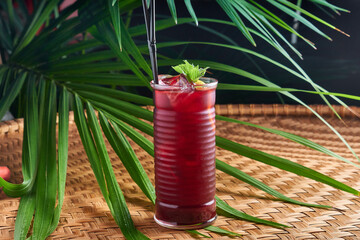 Summer chilled drinks with fresh raspberry juice and hibiscus