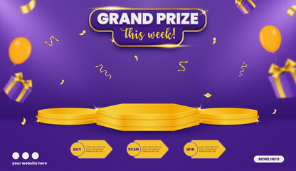 Grand prize contest horizontal banner template with balloons and gift box
