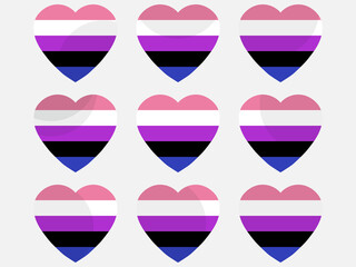 Hearts with Genderfluid flag, icon set. Genderfluid pride day. LGBT sexual minorities. Collection of icons of hearts isolated on white background for banner and  poster. Vector illustration