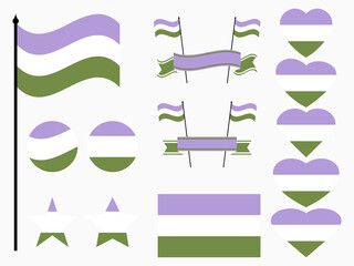 Genderqueer pride flag collection of symbols. Hearts, stars and circles with genderqueer flag. Sexual minorities. Design for banner and poster. Vector illustration