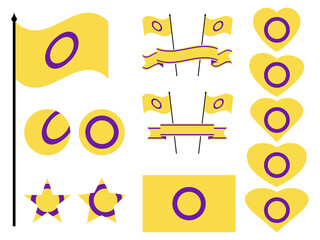 Intersex flag collection of symbols. Hearts, stars and circles with intersex flag. Sexual minorities. Design for banner and poster. Vector illustration
