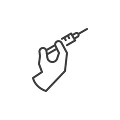 Hand holding vaccine syringe line icon