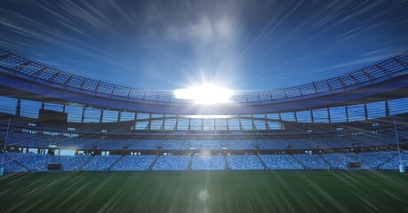 Composition of empty football stadium with blue sky and sun