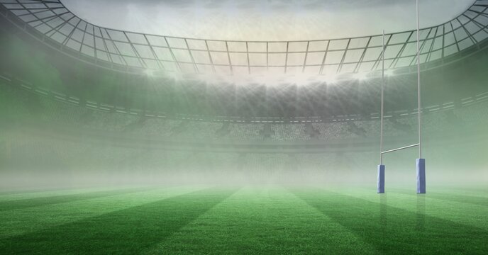 Composition of empty rugby stadium with lights and clouds