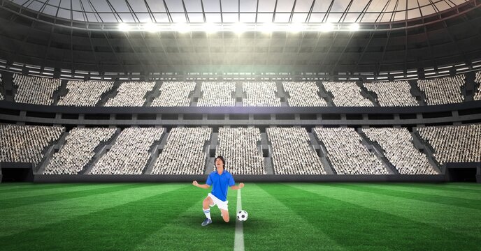 Composition of male football player with ball at football stadium