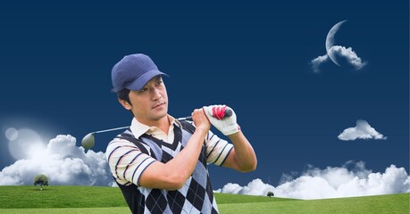 Composition of male golf player with club outdoors