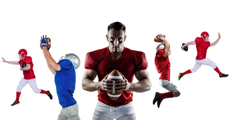Foto op Plexiglas Composition of group of male american football players on white background © vectorfusionart