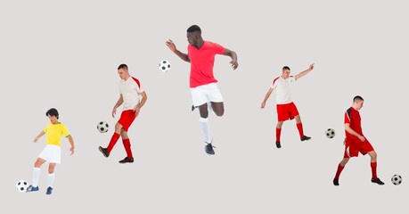 Composition of group of male football players on white background