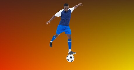 Fototapeta na wymiar Composition of male football player kicking football with copy space