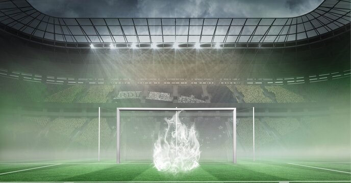 Composition of white flames at empty football stadium