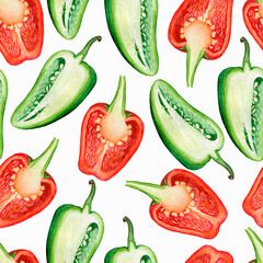 Cut paper red and green on white background watercolor seamless pattern. Food background