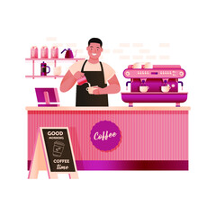 Coffee Shop Interior. Barista. Modern Flat Concept. Young Male Wearing Apron Pouring Whipped Milk Into the Coffee Mug, Coffee Maker, Blackboard with Greetings, Elements.