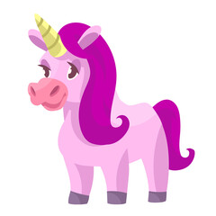 Standing cute unicorn. Fairytale character in cartoon style.