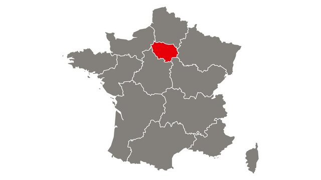 Paris region blinking red highlighted in map of France