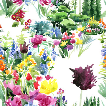 Flowerbeds of the Parc Monceau in Paris watercolor seamless pattern