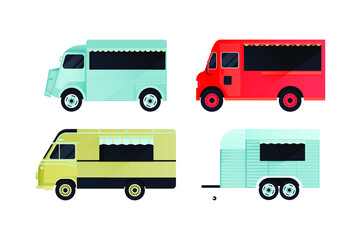 Set of Food Trucks. Modern Flat Vector Illustration. Colorful Street Food Truck Van. Social Media Template.