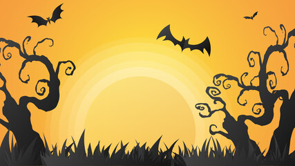 Withered trees and grass in the overgrown forests in cemeteries and bats, on orange background , vector illustration EPS 10