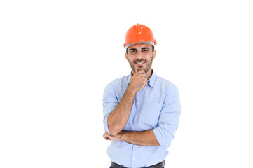 Portrait of young construction engineer wear orange hardhat, standing on white background with copy space.