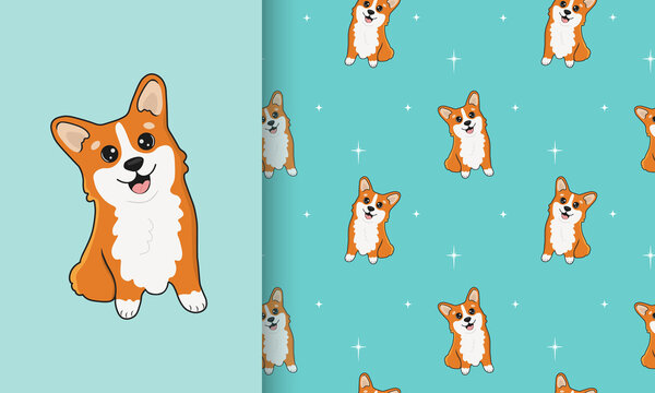 Seamless pattern and illustration for kid with cute corgi. Baby background for t-shirt print, packaging, wrapping paper, etc. Vector corgi animal background. Funny little doggy.