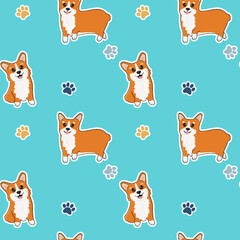 Seamless pattern with corgi and paws. Cartoon home pet, set of cute puppies for print, posters and postcard. Vector corgi animal background. Funny little doggy seamless pattern on blue background.