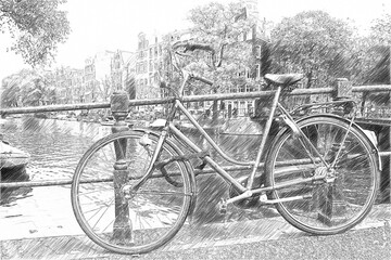 Fototapeta na wymiar View of the street of Amsterdam. Bicycle on the bridge. Sketch illustration