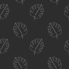 Seamless pattern with monstera leaves on dark background. Continuous one line drawing palm leaf. White line art on black background.