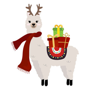 Illustration of cute Christmas alpaca  isolated on white background. Illustration for  posters, greeting cards  and seasonal design.
