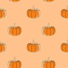 Seamless pattern with pumpkin on beige background. Continuous one line drawing pumpkin. Black line art on beige background with colorful spots. Vegan concept