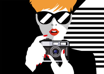 Pop Art illustration of fashion woman with Foto Camera. Vintage Advertising Poster. Vector illustration - 442120445