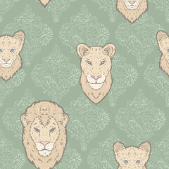 Vector Lion Family on Sage Green Flowerly Tiles seamless pattern background. Perfect for fabric, scrapbooking and wallpaper projects.