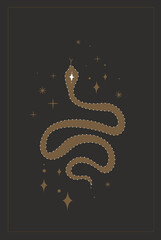 Fototapeta premium Mysterious Reptile Snake in boho style with Stars.Esoteric Symbol Talisman.Wicca,pagan,Buddhism tradition Design.Vintage collection.Tatto template.Flat Vector Illustration isolated on black background