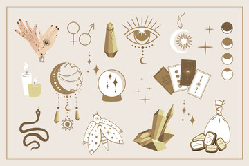Witch magic symbols collection set.Esoteric,boho mystical elements,magic witchcraft crystals,eye,moon,tarot cards,runes,fortune telling vector illustration icons.Alchemy, esoteric,witchcraft magician © Alina.Alina