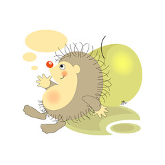 Satisfied hedgehog. Green apple. Sticker, badge, label with quote . Lovely happy cute character. 