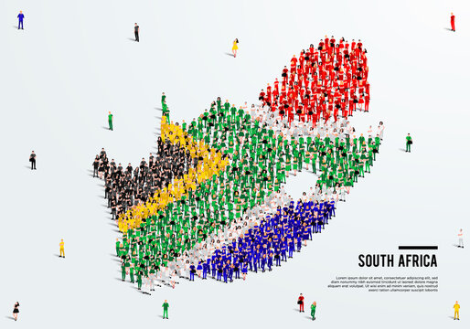 South Africa Map and Flag. A large group of people in the South African flag color form to create the map. Vector Illustration.