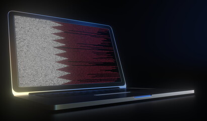 Flag of Qatar made with computer code on the laptop screen. Hacking or cybersecurity related 3d rendering