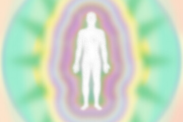 Retro feel purple green yellow aura layers, energy field with human figure  - grainy, high resolution background - obrazy, fototapety, plakaty
