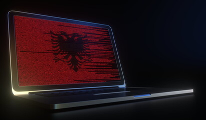 Laptop and source code on the screen composing flag of Albania. National information technology related 3d rendering