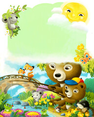 cartoon animals friends and family in forest illustration