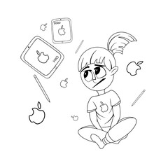 Children's coloring. Pensive girl chooses a tablet