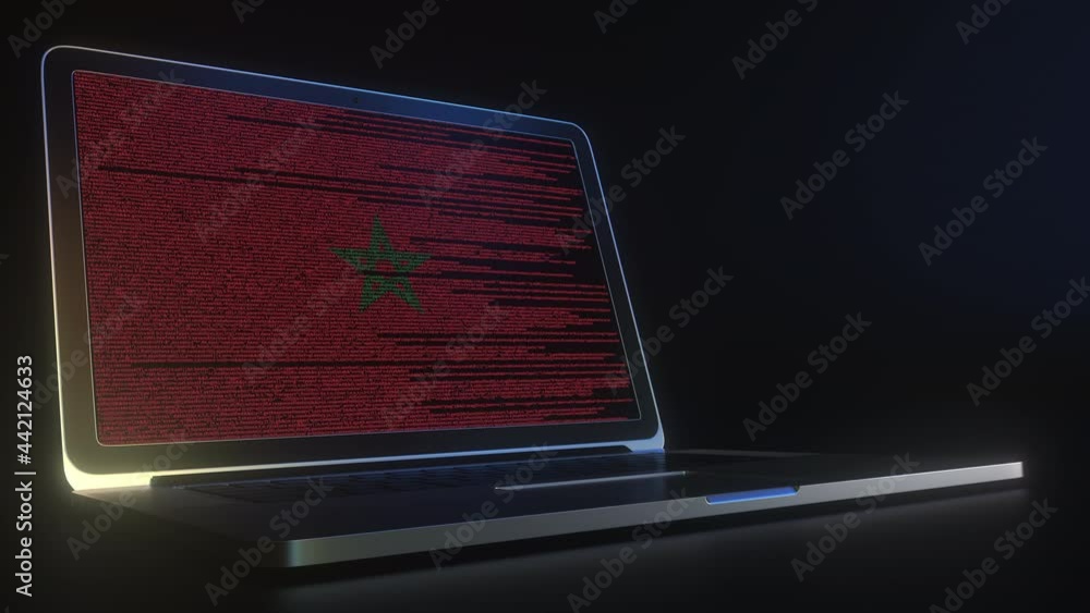 Poster laptop and source code on the screen composing flag of morocco. national information technology rela