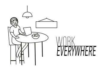 A girl sitting at home at a table, working in front of a computer. The inscription work anywhere. Mom's on decree, working woman. Work from home