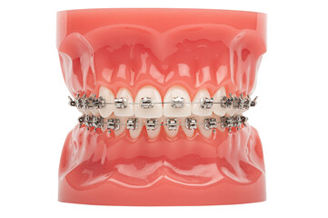 Orthodontic model demonstration teeth model of orthodontic bracket or brace. Metal braces on teeth...