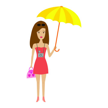 recommend clip art: Beautiful girl with umbrella and camera isolated on white background. Flat vector illustration.