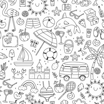 Seamless Pattern With Various Summer And Beach Items In Cartoon Doodle Style. Vector Black And White Summer Background Illustration.