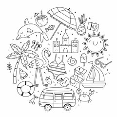 A large set of items on the theme of summer and the beach in the shape of a circle in a cute cartoon doodle style. Black and white vector illustration isolated on white background. © Ekaterina Chemakina