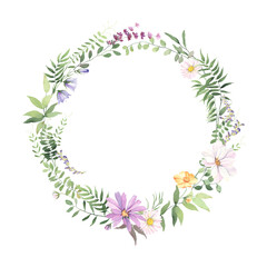 Fototapeta na wymiar Wreath of wildflowers and wild green plants, watercolor circle floral frame with delicate flowers isolated on white background for invitation, greeting card, botanical ornament for your text.