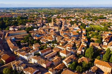Picturesque aerial view of Portogruaro cityscape in sunny summer day, Italy..
